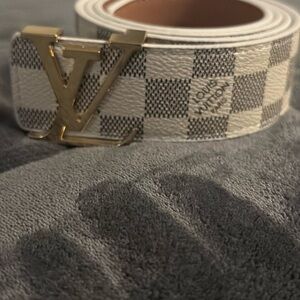 Louis Vuitton White and Gray Checkered Belt with Gold Buckle